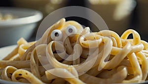 A pasta noodle looking at the camera smiling