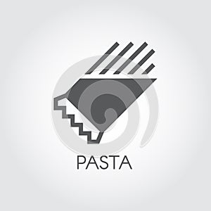 Pasta in package glyph icon. Graphic symbol of floury meal. Spaghetti or macaroni black flat label. Food logo. Vector