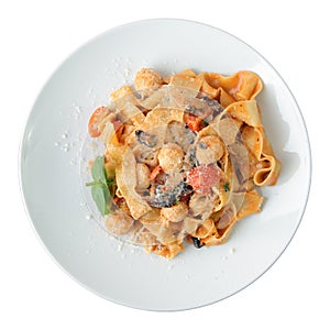 Pasta pappardelle with chicken meatballs photo