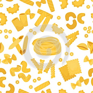 Pasta pattern. Seamless print with doodle Italian wheat pasta, home made dough food, yellow farfalle, spaghetti and