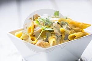 Pasta pene with chicken pieces mushrooms parmesan cheese sauce a photo