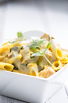 Pasta pene with chicken pieces mushrooms parmesan cheese sauce a photo