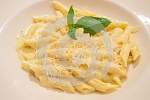 Pasta Penne four cheese with Basil, close-up, traditional Italian recipe, top view