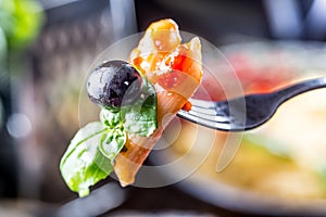 Pasta Penne with Tomato Bolognese Sauce, Parmesan Cheese black olive and Basil on a Fork. Mediterranean food.Italian cuisine