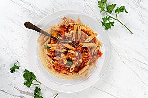 Pasta Penne, Tomato Sauce and Salmon on Marble Table Background