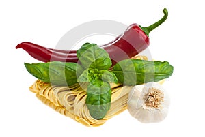 Pasta, pepper, basil, garlic.