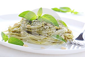 Pasta with pesto sauce and fresh basil