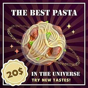 Pasta planet banner. Spaghetti with meatballs illustration.