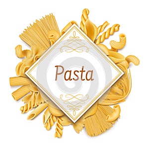 Pasta poster, italian cuisine dry macaroni background. Raw wheat food, italian cuisine dish ingredients vector