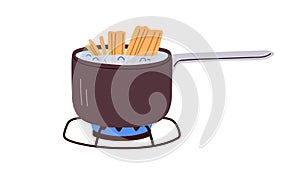 Pasta pot with boiling water and Italian spaghetti. Open saucepan on burning gas. Cook process in sauce pan on cookers