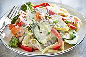 Pasta primavera with fettuccine and garden vegetab