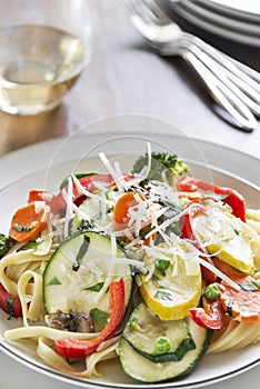 Pasta primavera with fettuccine and garden vegetables