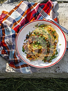 pasta putanesca, spaghetti with anchovies, recipe illustration, Italian cuisine photo