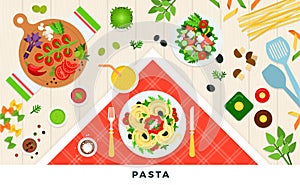 Pasta and ravioli cooking and ingredients. Spaghetti dishes isolated on white. Vector illustration