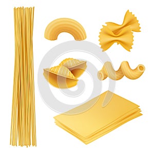 Pasta realistic. Italian food farfalle fusilli macaroni cook ingredients vector pictures of traditional cuisine