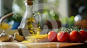 Pasta recipe preparation ingredients, spaghetti, olive oil, garlic, tomatoes and spices in the kitchen, homemade food