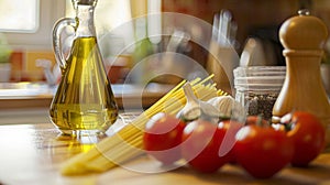 Pasta recipe preparation ingredients, spaghetti, olive oil, garlic, tomatoes and spices in the kitchen, homemade food