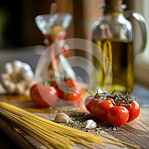 Pasta recipe preparation ingredients, spaghetti, olive oil, garlic, tomatoes and spices in the kitchen, homemade food