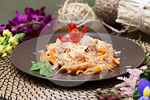 Pasta with red sauce. Penne funghi. Italian quisine photo