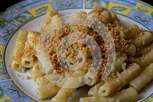 Pasta rigata with organic romanesco broccoli sauce and sprinkled with toasted breadcrumbs on black wooden background