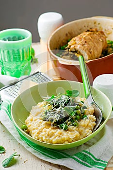 Pasta risotto with spring vegetables