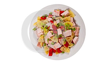 Pasta salad with chicken and vegetables. top view. isolated