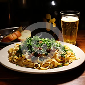 Japanese-inspired Pasta Dish On A Plate With Beer photo