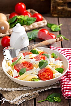 Pasta salad with fresh red cherry tomato and feta cheese. Italian cuisine