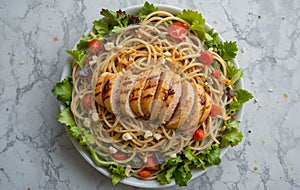 High-angle, close-up view of a pasta salad with grilled chicken. photo