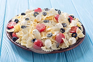 Pasta salad with mozzarella , olives and tomatoes
