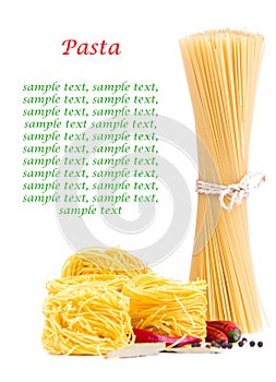 Pasta with sample text isolated on white