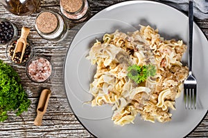 Pasta with sauerkraut and bacon photo