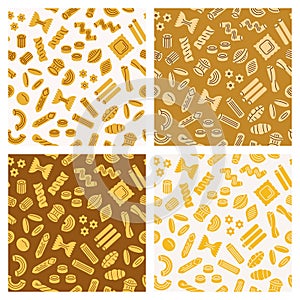 Pasta seamless pattern set. Vector background collection with italian noodle, fusilli, macaroni, ravioli, spaghetti. Food flat