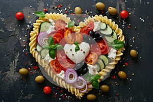 Pasta in the shape heart salad with tomatoes, cucumbers, olives, mozzarella and red onion Greek style