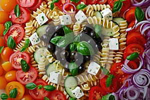 Pasta in the shape heart salad with tomatoes, cucumbers, olives, mozzarella and red onion Greek style