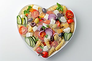 Pasta in the shape heart salad with tomatoes, cucumbers, olives, mozzarella and red onion Greek style