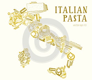 Pasta in the shape of Italy. Hand drawn vector food illustration. Engraved style design template. Vintage pasta different kinds