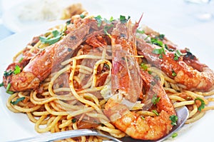 Pasta with shrimps at a greek tavern