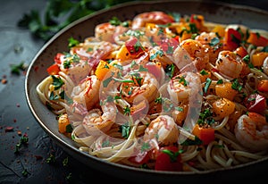 Pasta with shrimps tomato pepper garlic and parsley in plate on dark background