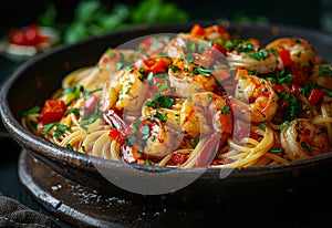Pasta with shrimps tomato sauce and parsley in pan on dark background