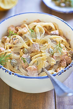Pasta with smoked salmon and capers in cream sauce