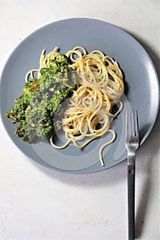 Pasta; spagetti with green spinach souce