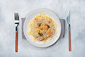 Pasta spaghetti with bacon egg cheese on a plate with spices. Traditional Italian dish Carbonara. Grey concrete table. Copy space