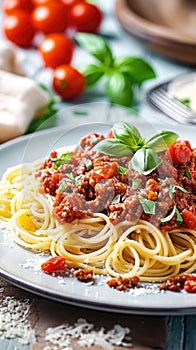 Pasta spaghetti bolognese with minced beef sauce, tomatoes, parmesan cheese and fresh basil in a plate on white table.