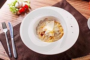 Pasta spaghetti carbonara on white background. Top view