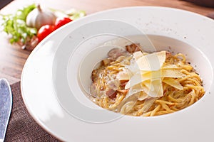 Pasta spaghetti carbonara on white background. Top view