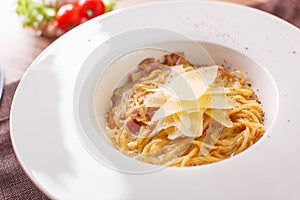 Pasta spaghetti carbonara on white background. Top view