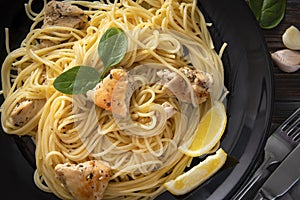 Pasta  , spaghetti   with chicken , lemon slices, garlic, greens, spinach,  fork, on a black plate on  dark ,  close up