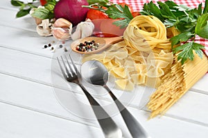 Pasta spaghetti, farfalle, linguine with vegetables