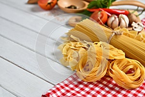Pasta spaghetti, farfalle, linguine with vegetables